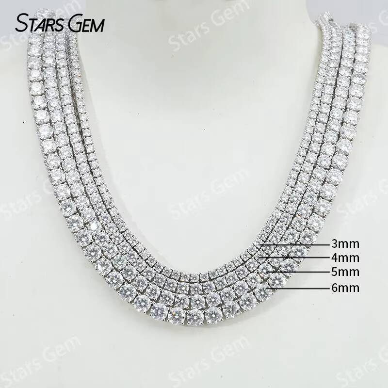 Starsgem S925 Silver 3mm Diamond Tennis Chain Necklace 24in HPHT CVD Round Cut Lab Grown Diamond Silver Tennis Necklace