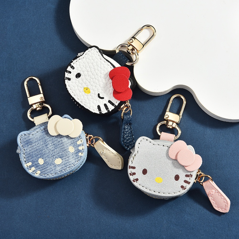Kawaii KT Cat Mini Keychain Wallet Cartoon Sweet Bag Charms Coin Purse Portable Earphone Bag Data Cable Jewelry Storage Bag