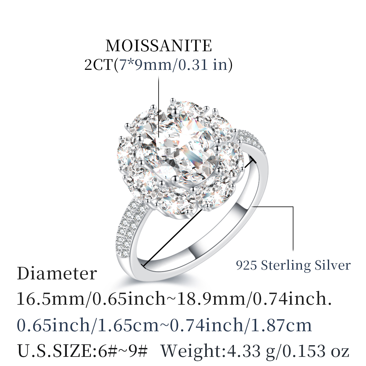 MT GRA Moissanite Engagement Ring for Women. Women's 925 Sterling Silver Large Floral Oval Cut Moissanite Ring, D Color VVS1 Wedding Ring Moissan