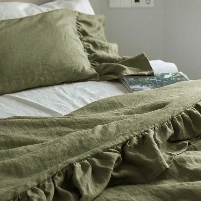3PCS 100% Pure Linen Ruffle Duvet Cover Set case And Duvet Cover Double Queen King Size Soft Bed Set Flax Bedding Kit Y250819