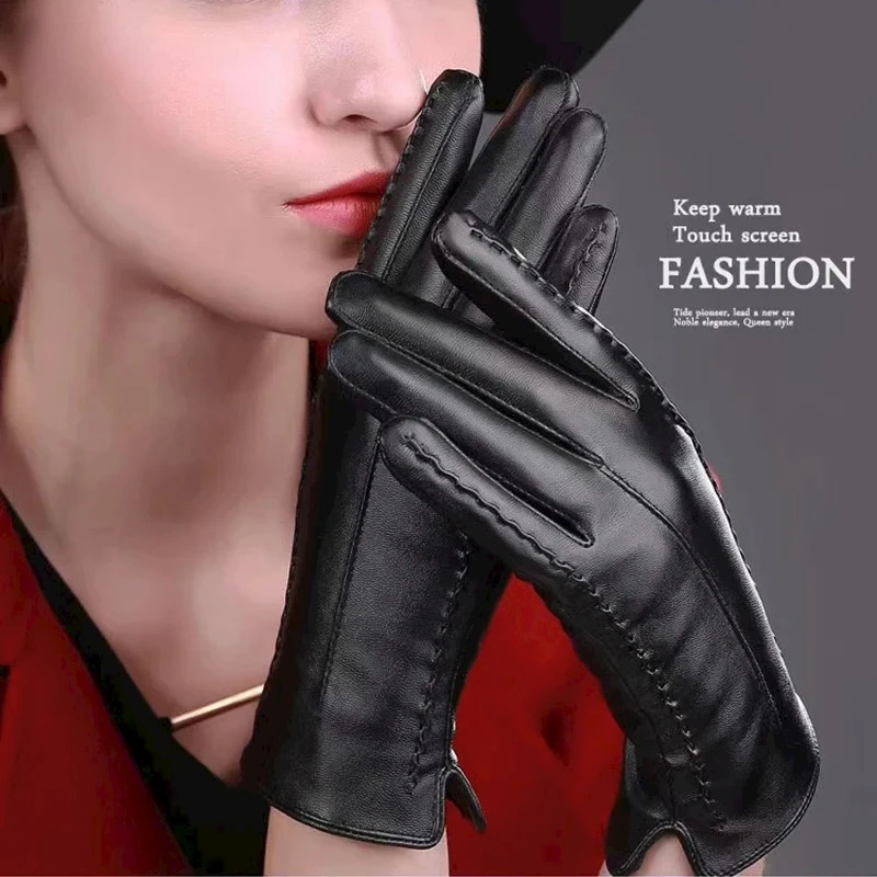 Winter Black Womens Gloves PU Leather Keep Warm Touch Screen Windproof Driving Guantes Autumn Business Female 250811