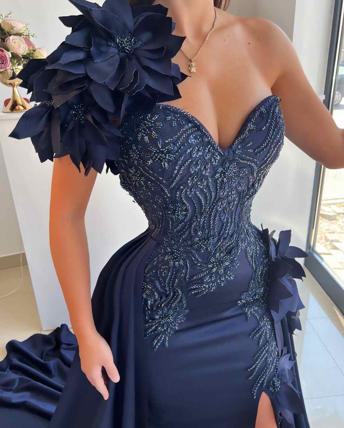 Customized Mermaid Prom Dresses One Shoulder 3D Flowers Evening Dresses Front Split Formal Celebrity Party Dresses