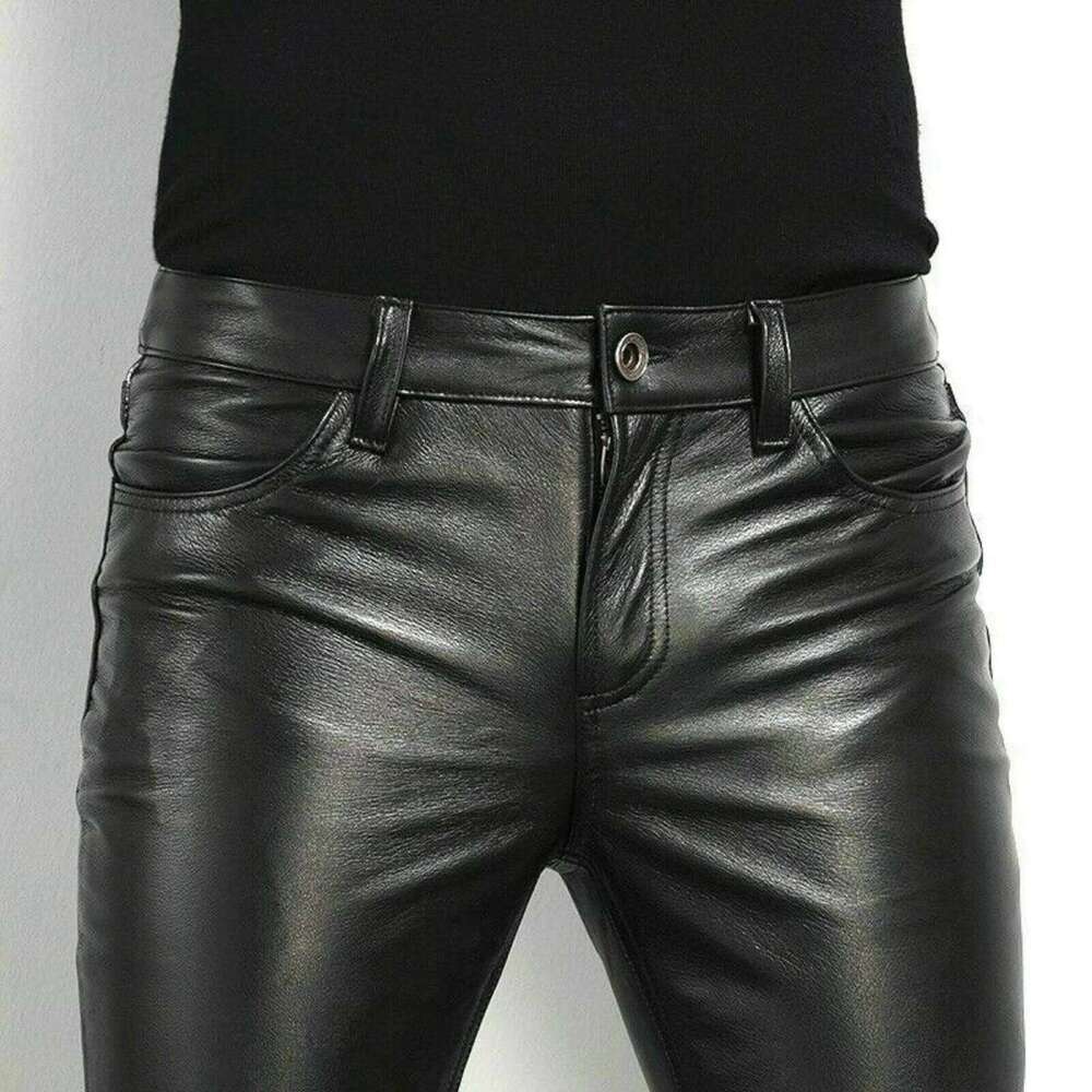 Fashion Rock Style PU Night Club Dance Pants Men's Faux Leather Slim Fit Skinny Motorcycle Trousers