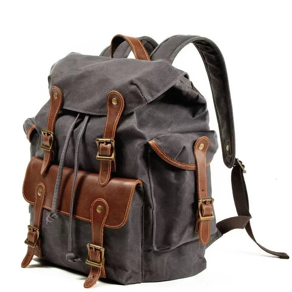 Vintage Backpacks Leather Backpack Men, Waxed Canvas Shoulder Rucksack for Travel School high-quality