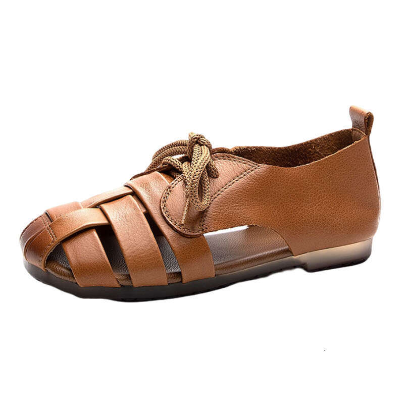 2025 Summer New Roman Sandals for Women, Lace-up Soft Sole Comfortable Flat Genuine Leather Pig Cage Shoes