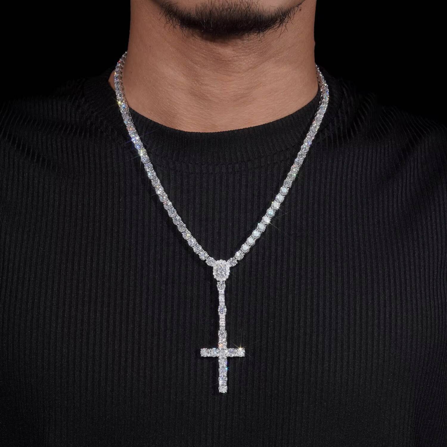 New Arrival Hot Sell Iced Out 5MM Width 925 Sterling Silver VVS Moissanite Rosary Cross Tennis Chain Necklace