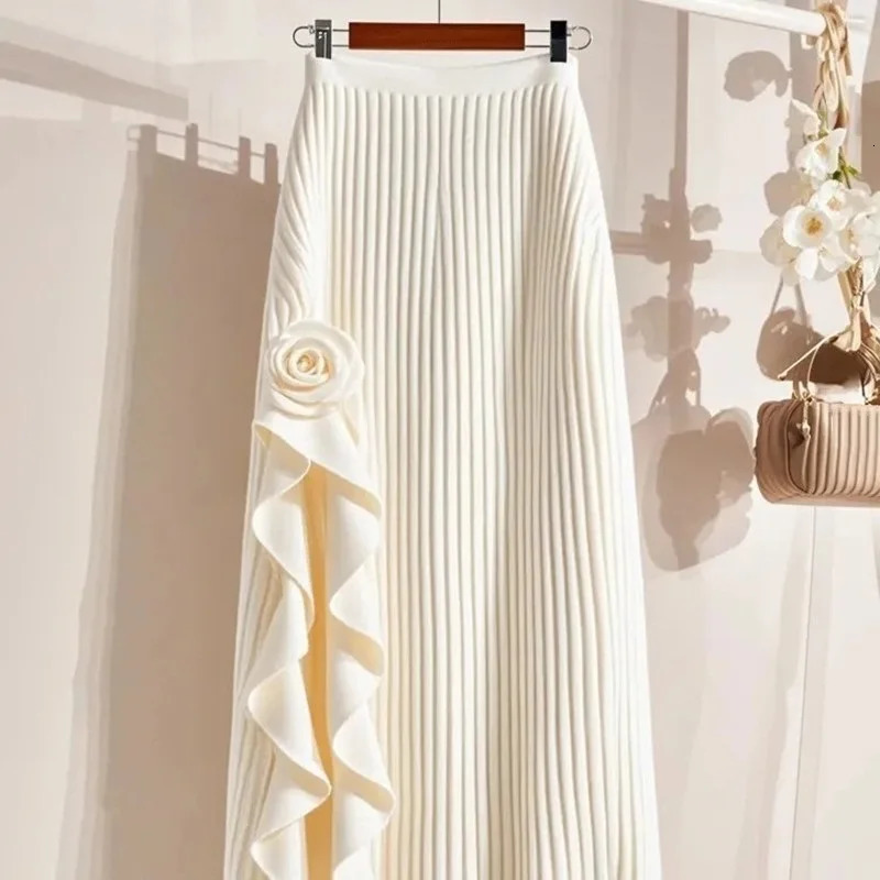 Spring Autumn Winter Elegant Irregular Pleated Skirt for Women Elastic A-line High Waist Midi Skirt White Black Flower Skirts 250820