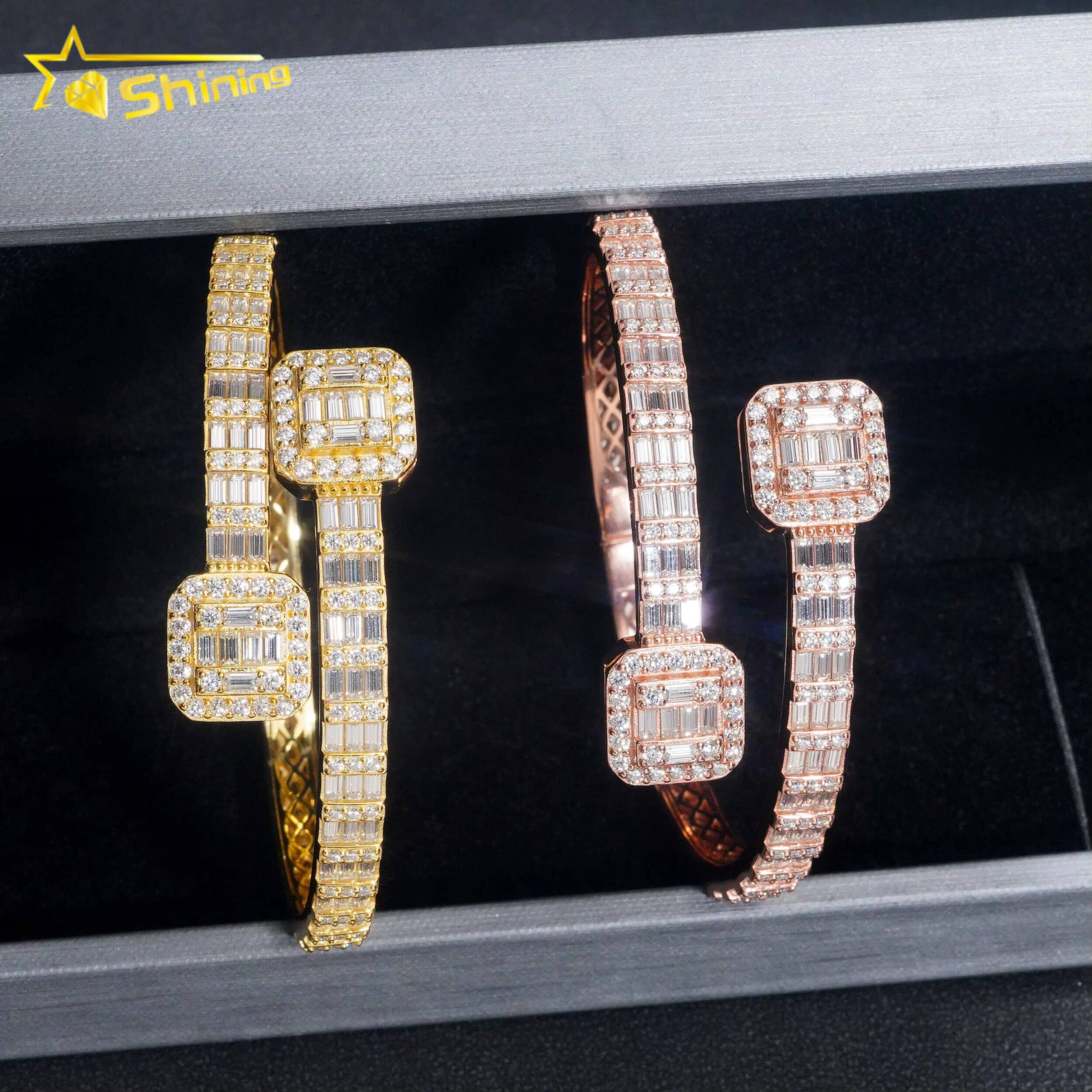 Fine Jewelry Sterling Silver 925 Fashion Iced Out VVS Baguette Moissanite Cuban Link Diamond Bracelet Bangles