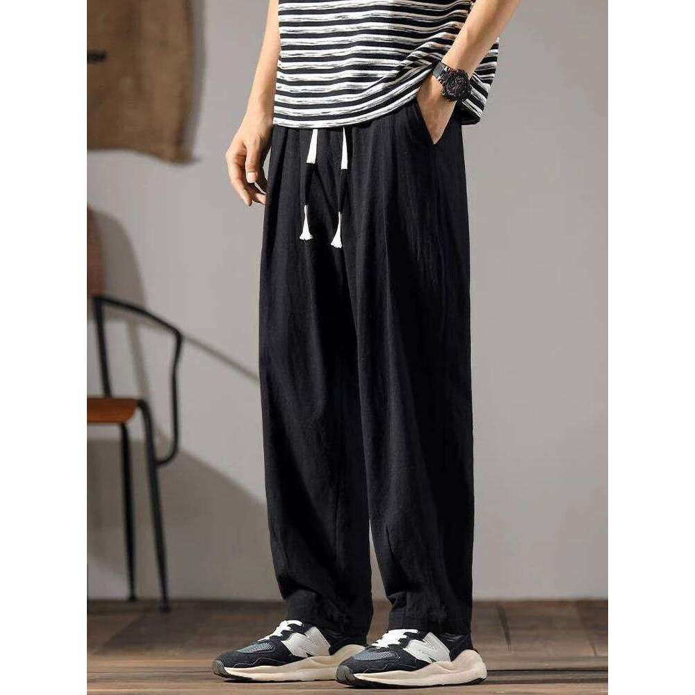 Japenese Cotton Pants Men Summer Straight Casual Ice Silk Sweatpants Male Wide leg Oversize Linen Trousers 2024 New