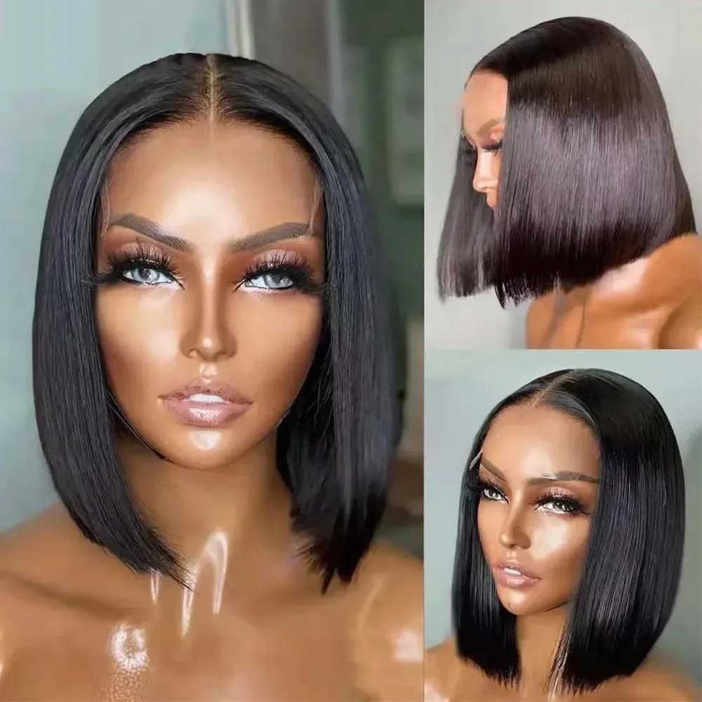 16 Inch Short Straight Bob Wig Human 13x4 Lace Transparent 200% Frontal Hair Bob Wig PrePlucked Lace Front Human Hair Wigs