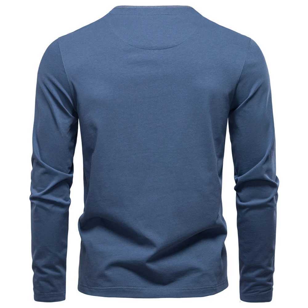 AIOPESON Henley Collar Button T Shirt Men Solid Color Long Sleeve Basic New Autumn Premium 100% Cotton Mens T Shirts Y250819