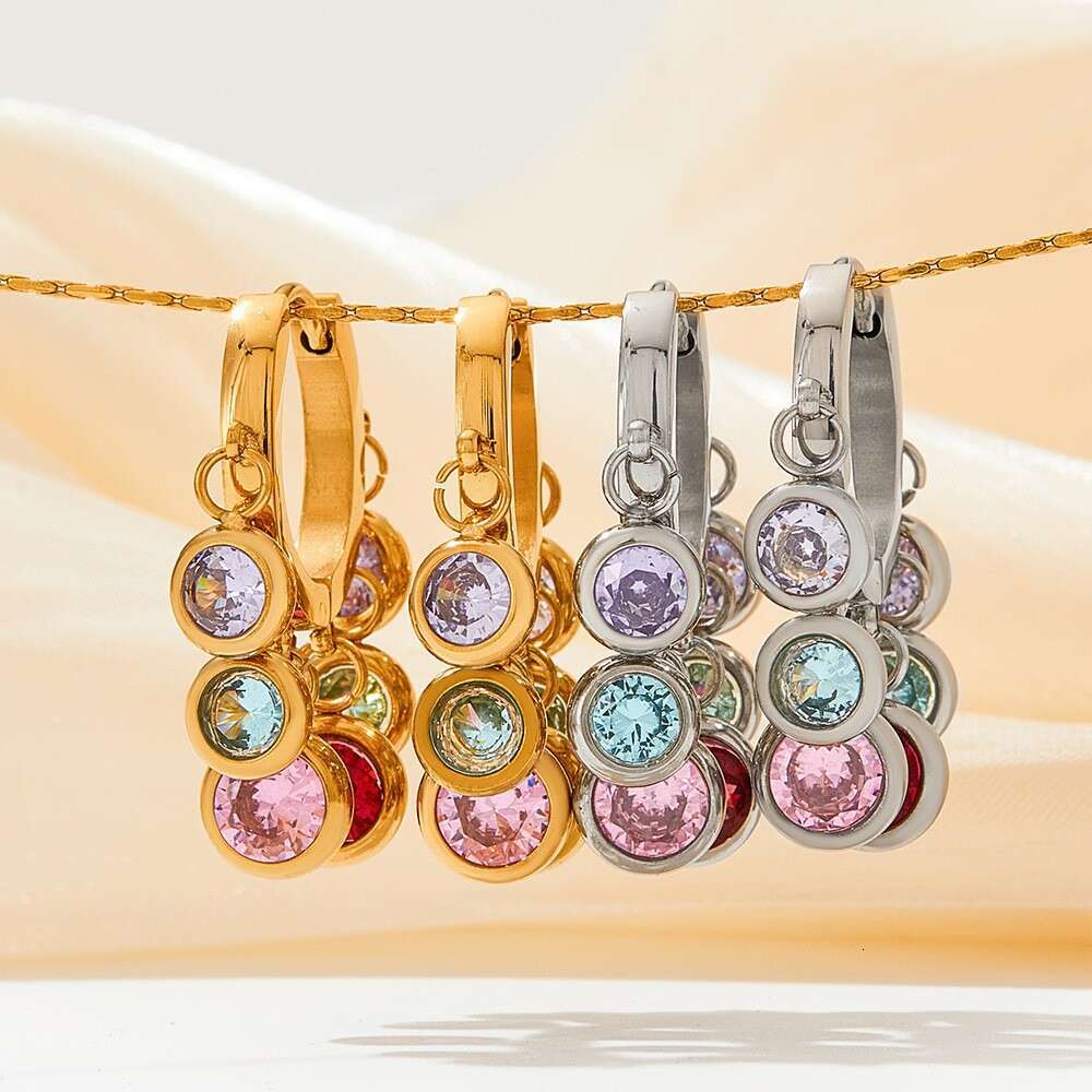 Design Sense Colorful New Zircon Geometric Exquisite Stainless Steel Designer Tassel Earrings for Women