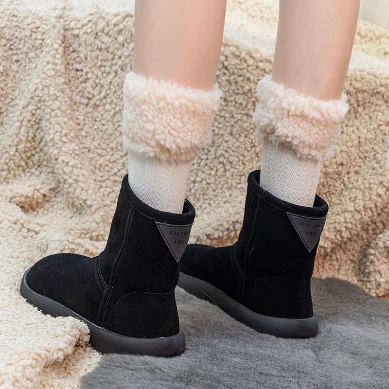 2024 Winter New Thick-Soled Snow for Women British Style Short Boots with Fleece Lining Thickened Warm Round-Toe Slip-On Cotton Shoes
