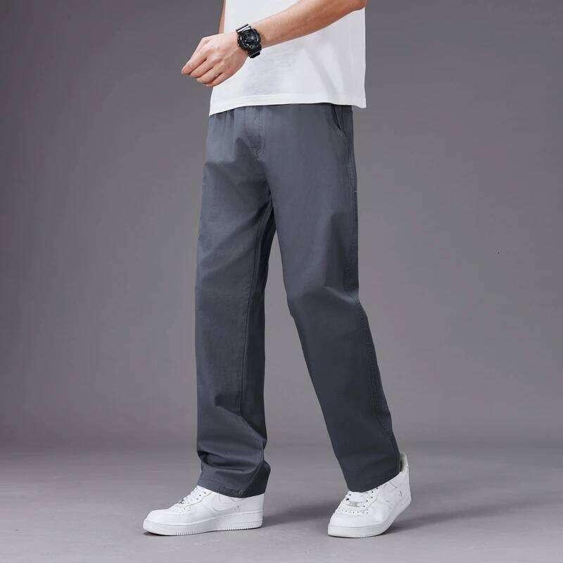 Big Size Casual Pants Men Elastic Waist Straight Leg Fit Summer Trousers Male Loose Cotton Work Wear Plus Large 6XL Khaki Light