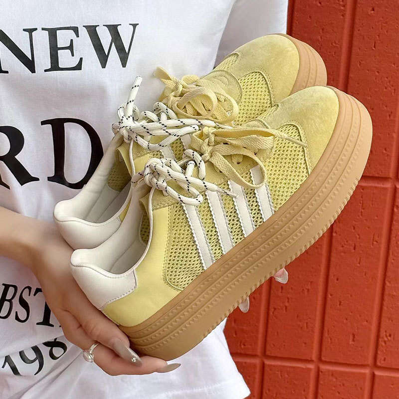 2025 Summer Mesh Breathable Thick Sole Height Increasing Slimming Genuine Leather German Training Color-Block Double Shoelaces Campus Casual Shoes