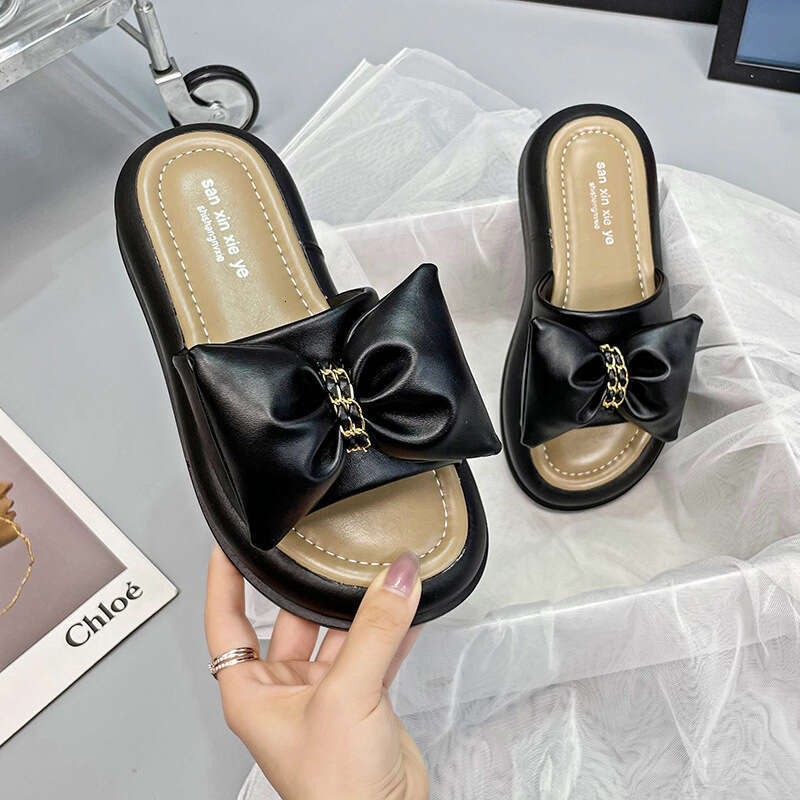 Thick-Soled Slippers for Women Summer Outdoor 2023 New Fashion Internet Celebrity Bow Fairy Style Mid-Heel Platform One-Strap Sandals
