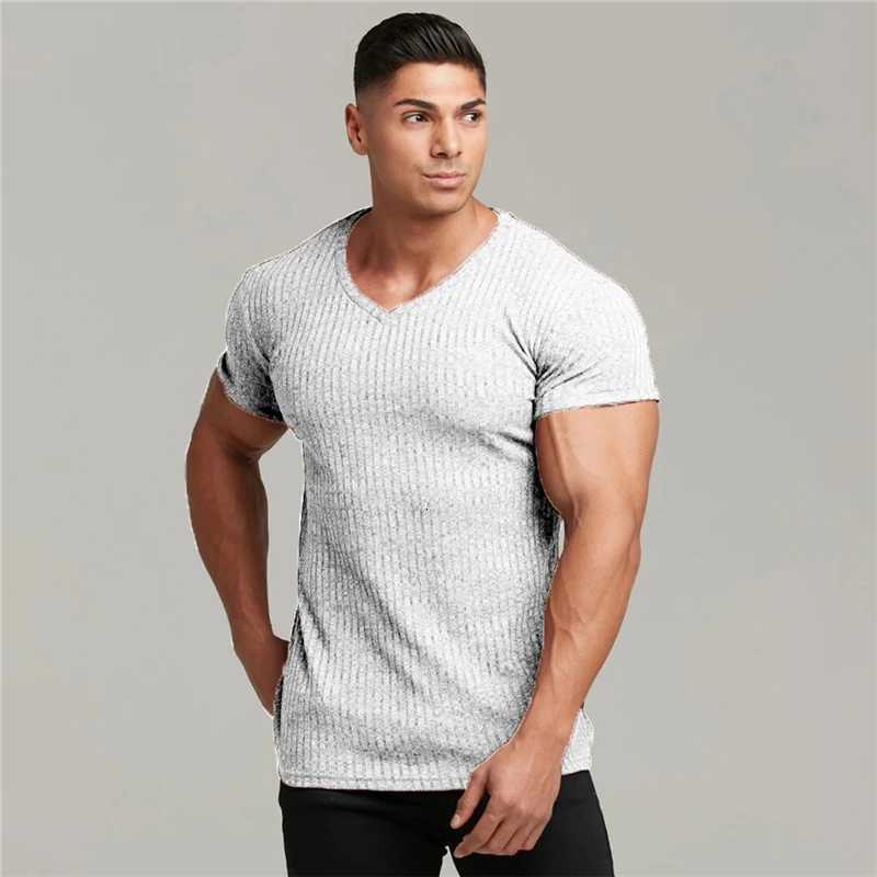 Men V Neck Short Sleeve T Shirt Fitness Slim Fit Sports Strips T-shirt Male Solid Fashion Tees Tops Summer Knitted Gym Clothing Y250819
