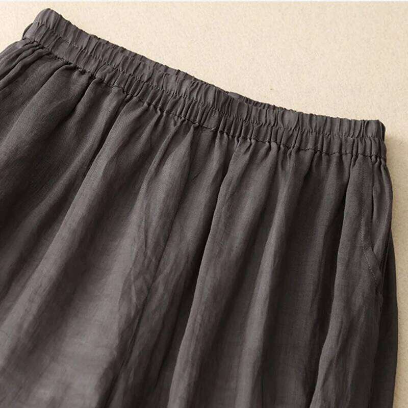 Gray Cotton Linen Casual Elastic High Waist With Lining Women's Wide Leg Ankle-Length Pants For Women Clothing Fashion