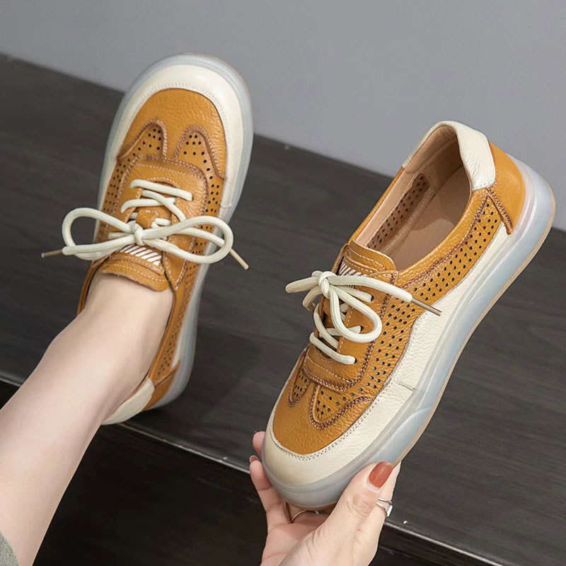 2025 New Summer Top Layer Cowhide Perforated Single for Women Casual Thick Lightweight Jelly Sole German Training Shoes