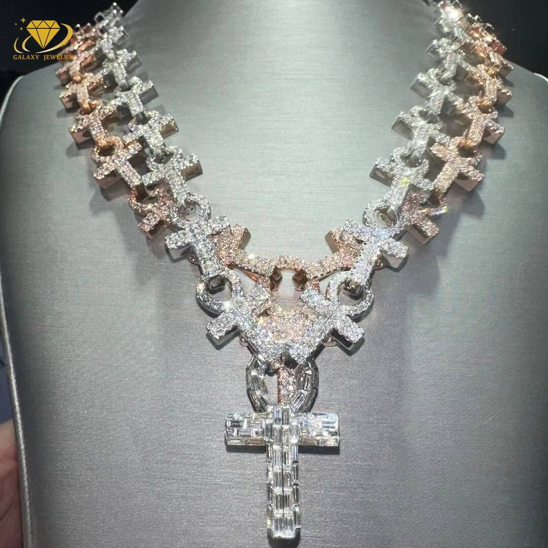 Luxury Hiphop Jewelry Iced Out 925 Silver Gold Plated Vvs D Color Infinity Link Cross Moissanie Cuban Link Necklace