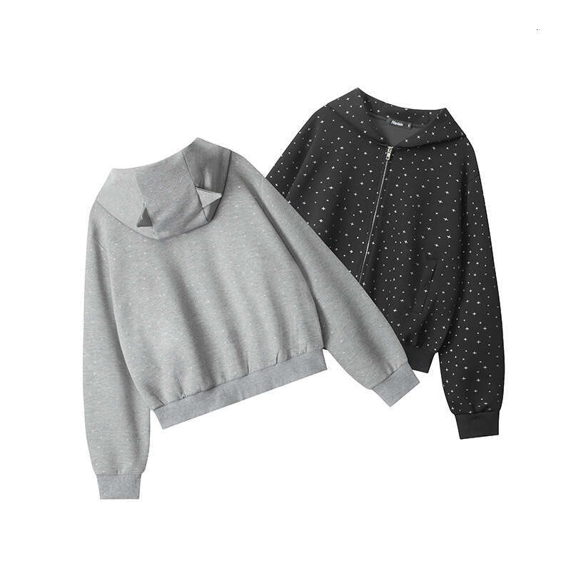 Heyhenry Spring And Autumn Star Print Design Cardigan Hooded Short Sweatshirt Women Loose Coat B5