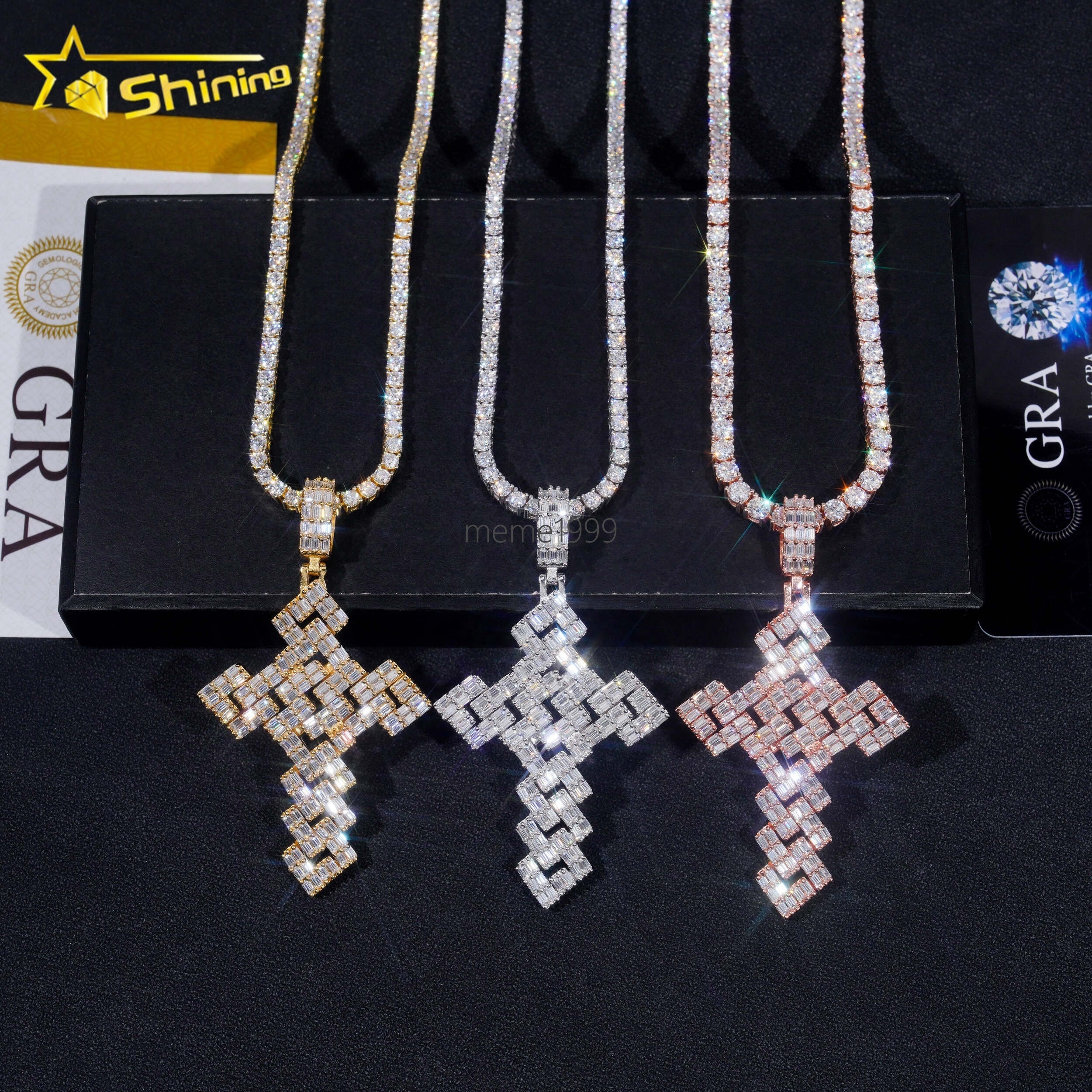 GRA Hip Hop Jewelry 925 Sterling Silver Gold Plated Iced Out VVS Baguette Custom Moissanite Pendant Cross