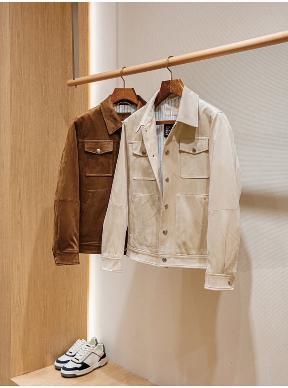 Suede fabric, old-fashioned style men's high-quality casual collar jacket. Use high-quality items to define your high-end fashion style