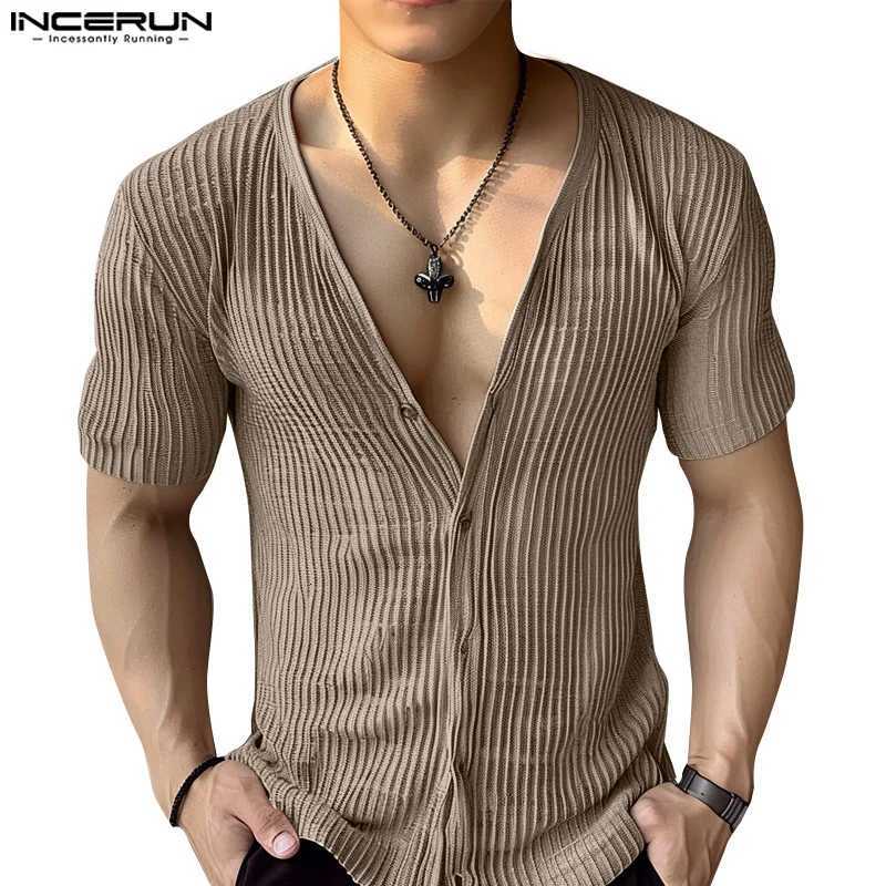Tops 2024 American Style Fashion New Men Deep V-neck Textured Striped Shirts Casual Streetwear Male Short SLeeved Blouse Y250819