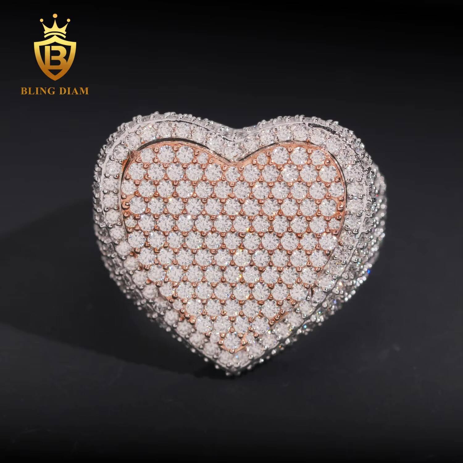 Hip Hop Style Jewelry Heart Shaped Mens Rings Fully Diamond Vvs1 Moissanite Iced Out 925 Solid Silver Rose Gold Double Layer