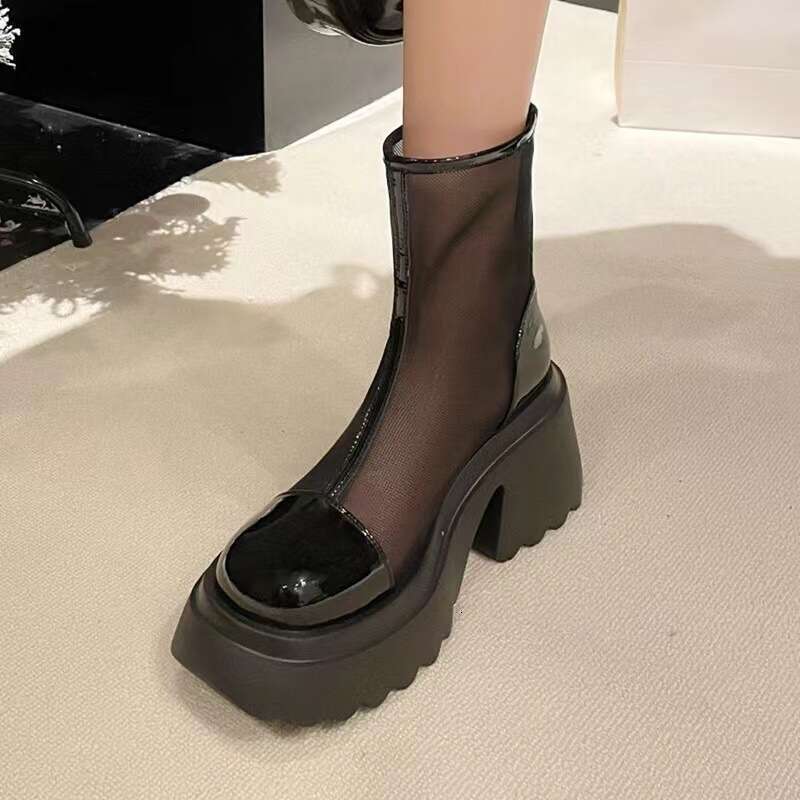 Summer Thin for Women 2023 New Martin Hollow Mesh Sandals British Style Breathable Chunky Heel Short Boots