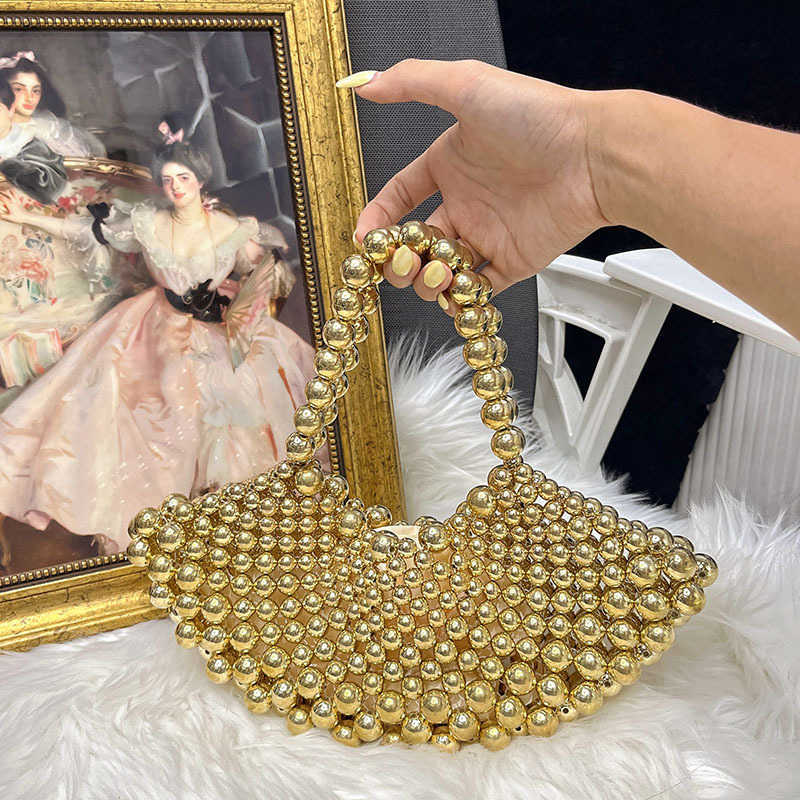 Golden High-End Niche Handbag Fan-Shaped Beaded Bag for Women Hot-Selling New Crossbody Handmade Hollow Evening Bag