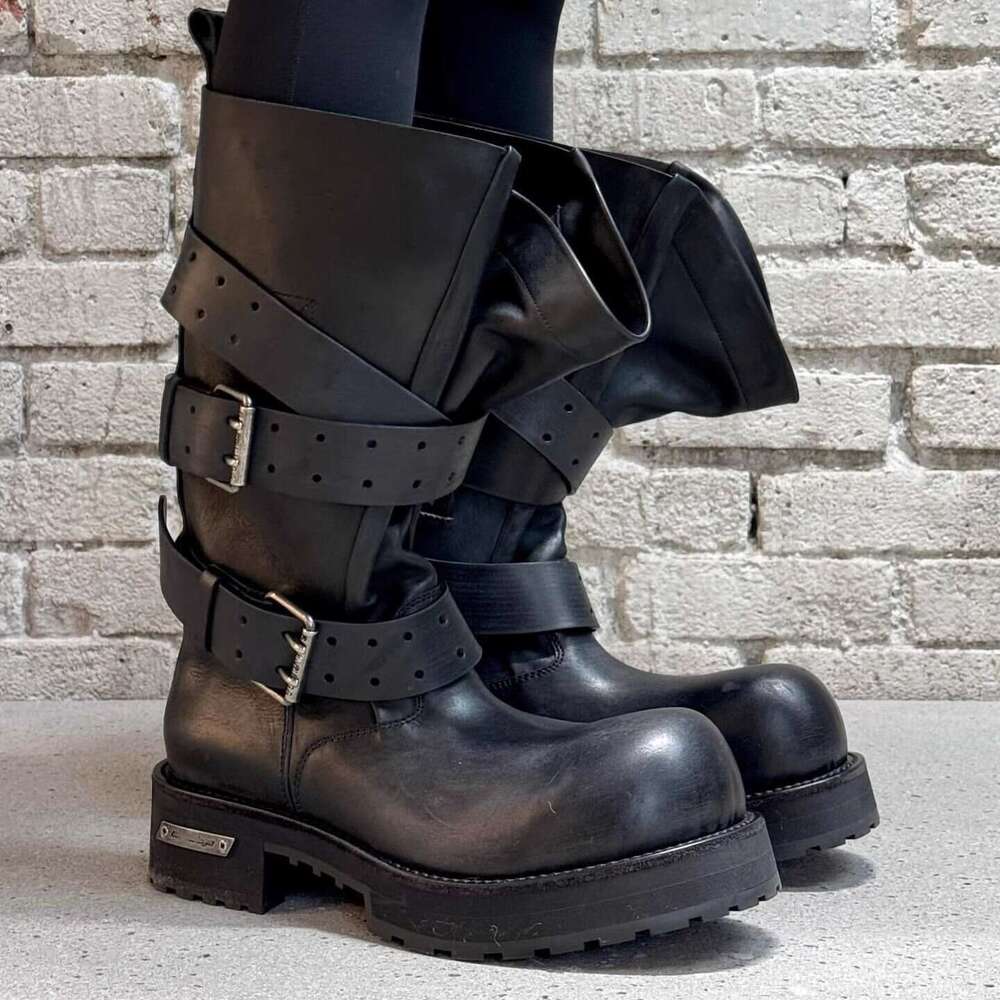 Cowhide Version~Paris Venom Platform Martin Dark Stylish Pointed Toe Knight High Tube Chunky Work Boots