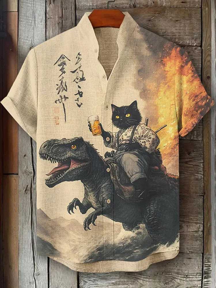 Mens Beige Shirt Black Cat Samurai Dinosaur With Beer Print Short Sleeve Fashion Harajuku Summer 2025 Holiday Shirts Oversized Y250819