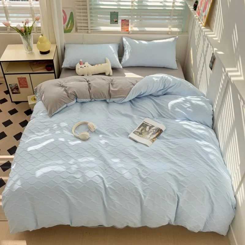 seersucker bed sheet four-piece set washed cotton skin-friendly and comfortable rhombus quilt cover solid color quilt cover Y2508191