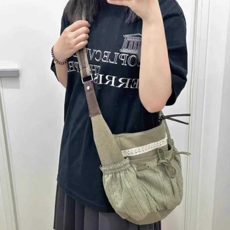 2025 new women Vintage casual Shoulder Bag Y2k Aesthetic Streetwear drawstring Handbags All Match ins Patchwork Crossbody Bags Y250819