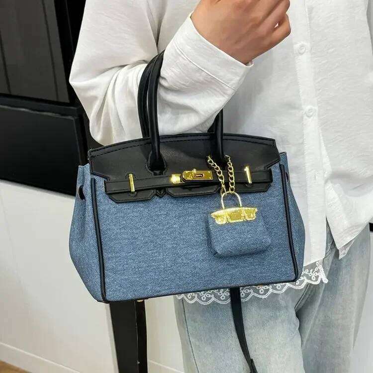 Bohemian Contrast Messenger Bag - New Denim & Leather Crossbody, Versatile Pendant Design for Beach/Brunch/Art Gallery