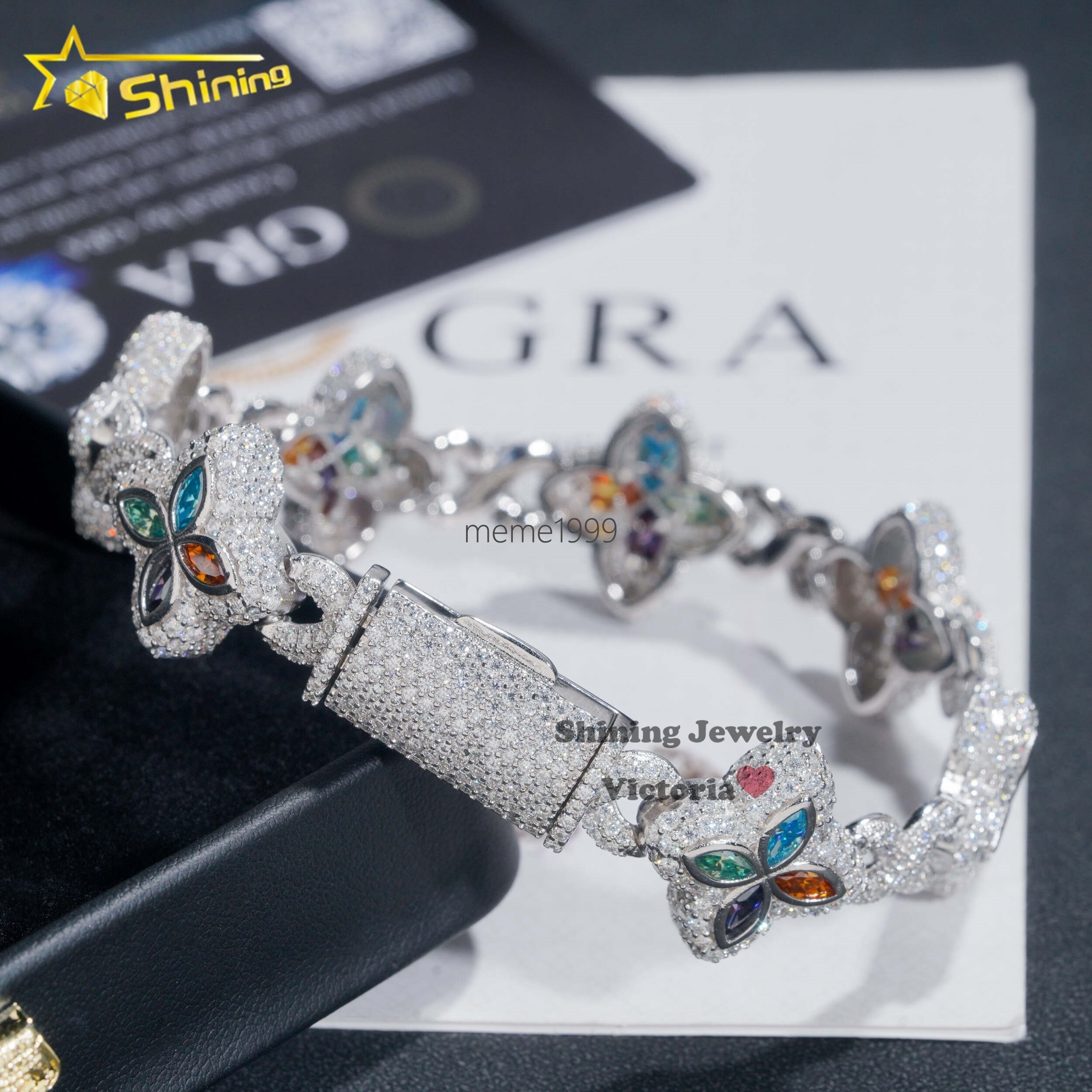 New Arrival Trendy Rapper Jewelry Iced Out 925 Silver Plated Moissanite Clover 18MM Infinity Link Cuban Bracelet Men