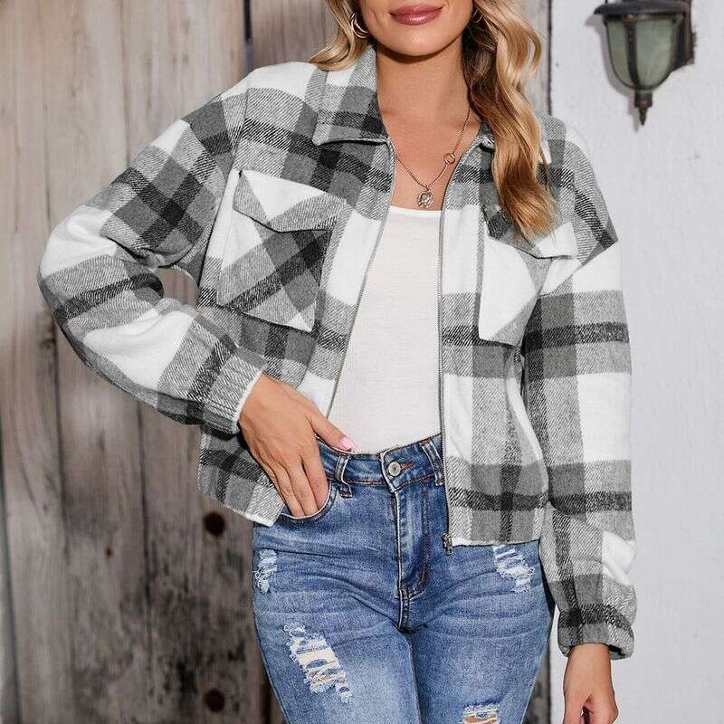 Women's Printed Plaid Versatile Pocket Zipper Jacket Autumn and Winter Casual Short