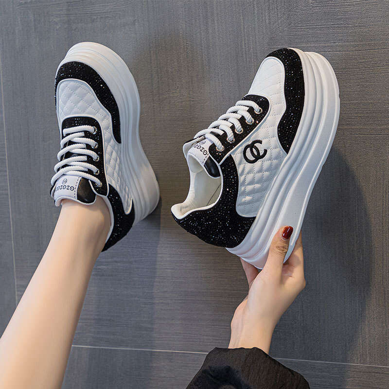 New Spring and Autumn Sneakers 7CM Height Increase Thick Sole Long-Leg Effect Versatile Women's Genuine Leather Rhinestone Internet Celebrity Whi