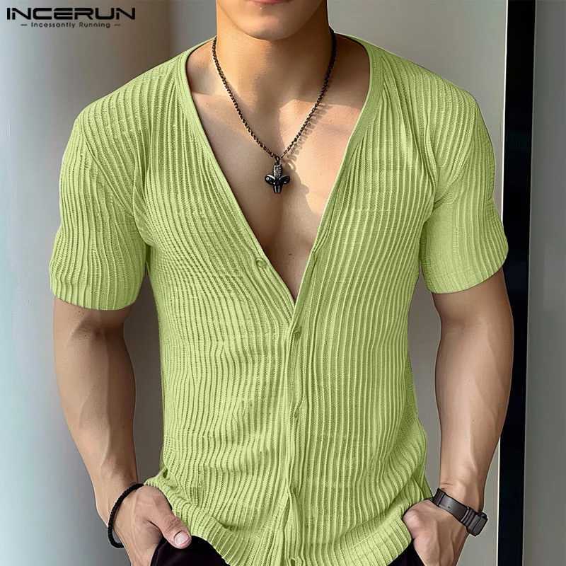Tops 2024 American Style Fashion New Men Deep V-neck Textured Striped Shirts Casual Streetwear Male Short SLeeved Blouse Y250819