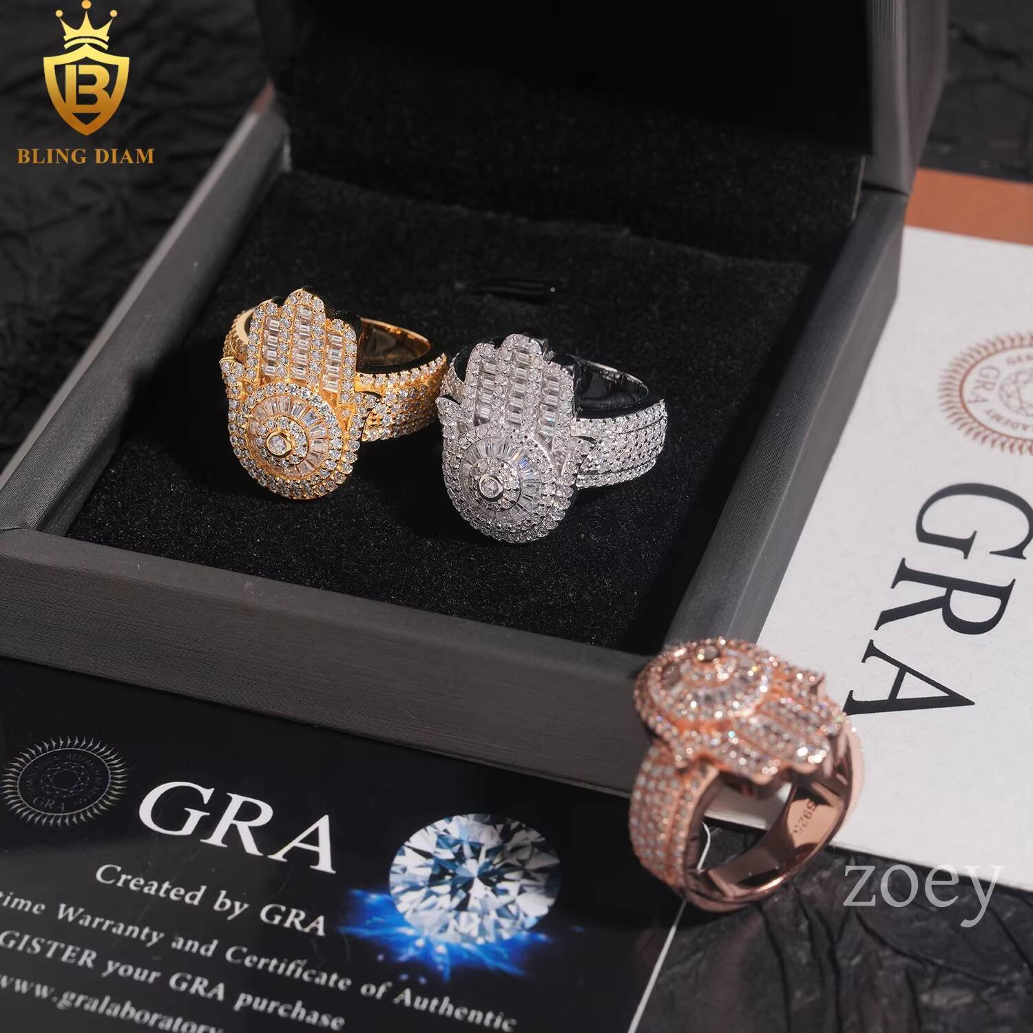Wholesale Hip Hop Jewelry 925 Sterling Silver Ice Out Vvs Moissanite Fully Diamond Men Rings Square and Hamsa