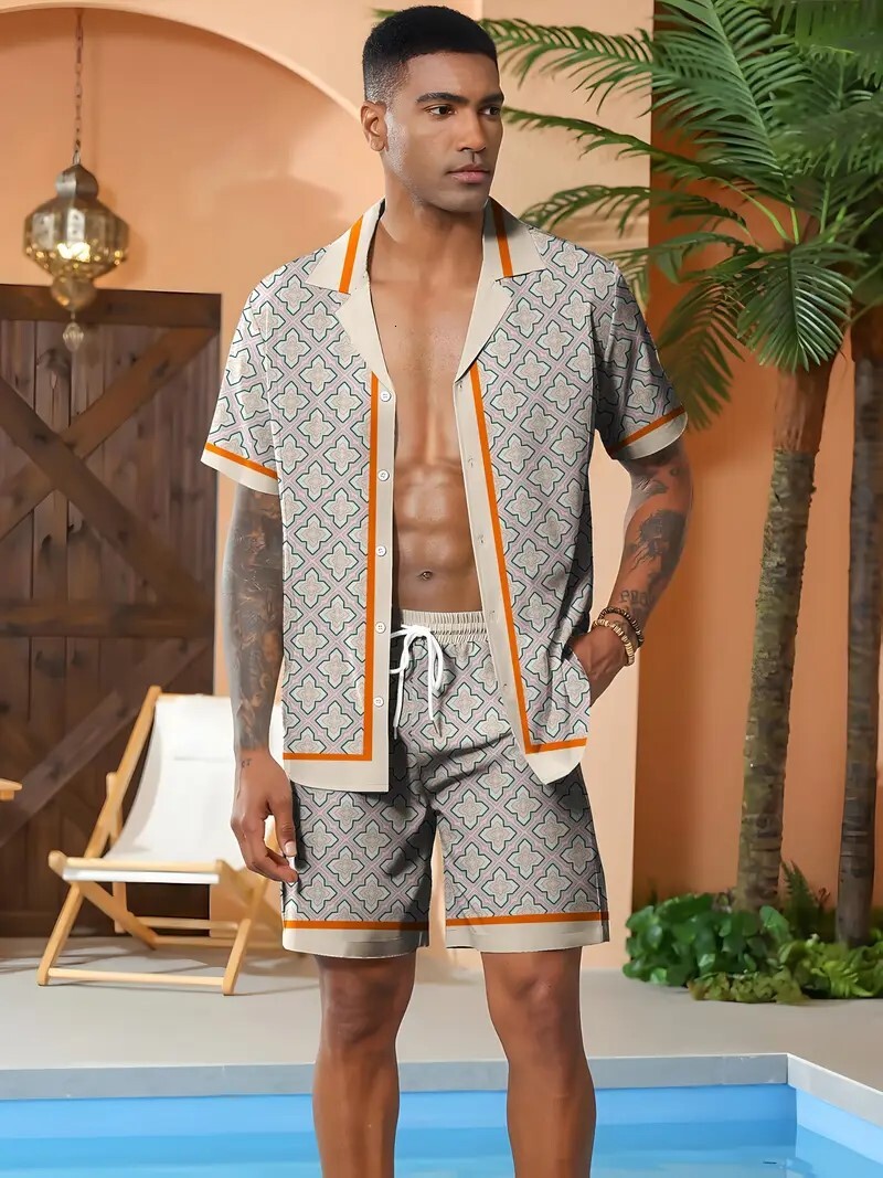 "2025 Designer Men's Wear" 2025 Cross-Border Trade New 3D Printed Geometric Pattern Men's Casual Hawaiian Style Shirt Set