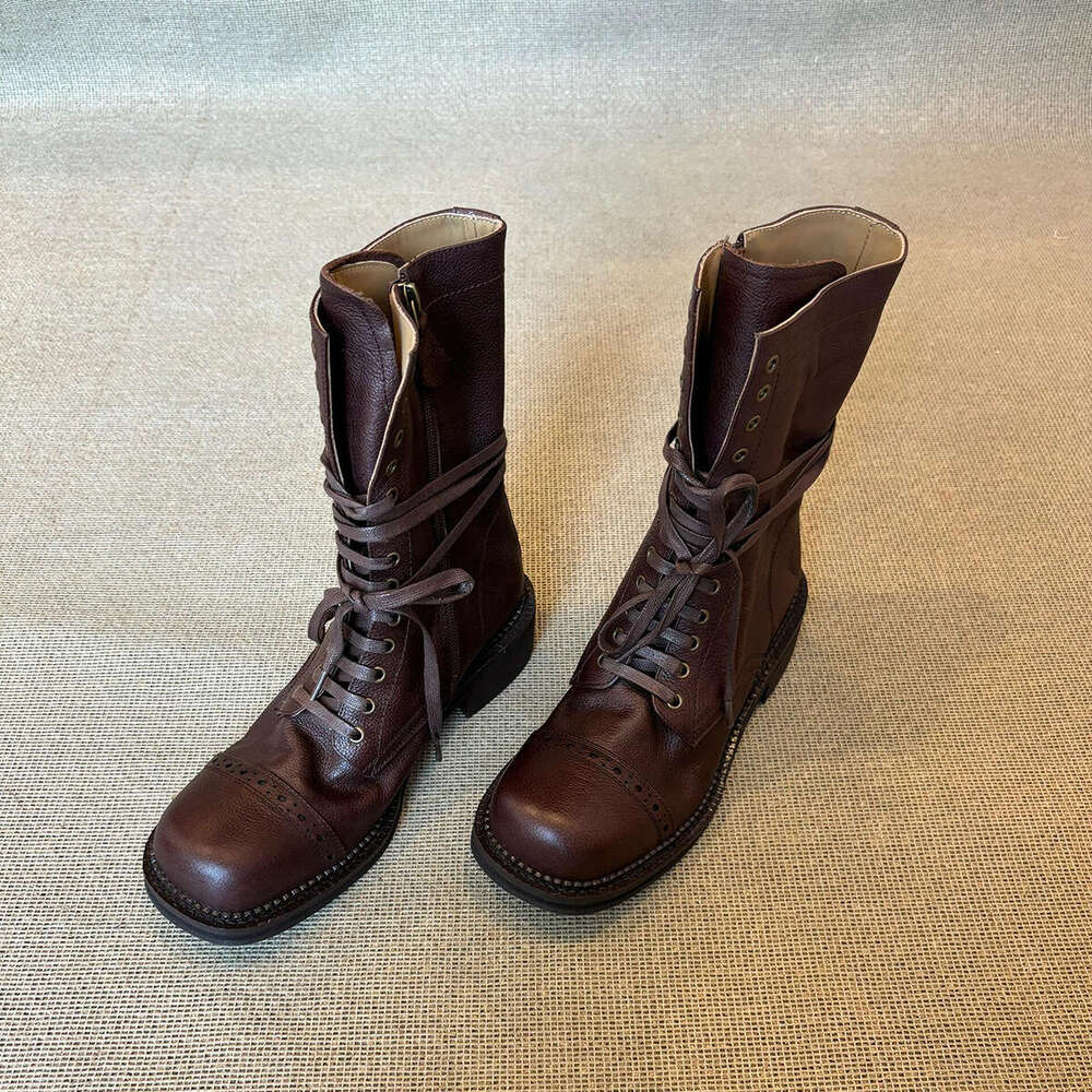 Cowhide Version~ Thick-Soled Martin for Women 2024 New British Style Melad Mid-Calf Brown Short Boots