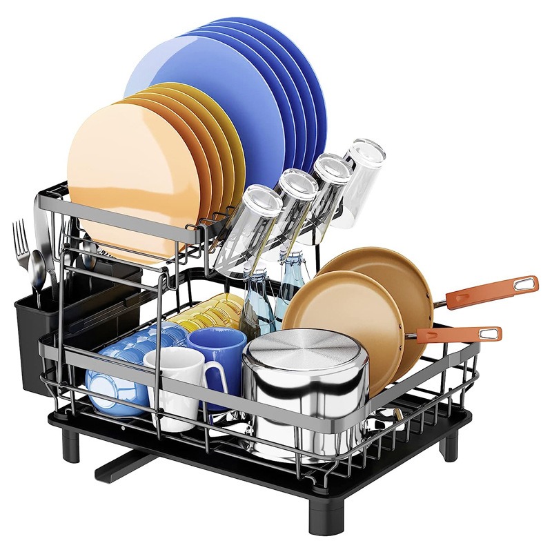 ICEDOG-Dish Drying Rack, 2 Tier Dish Racks for Kitchen Counter,Large Capacity Detachable Dish Rack, Rustproof Dish Drainer with Drainboard,Utensil Hol