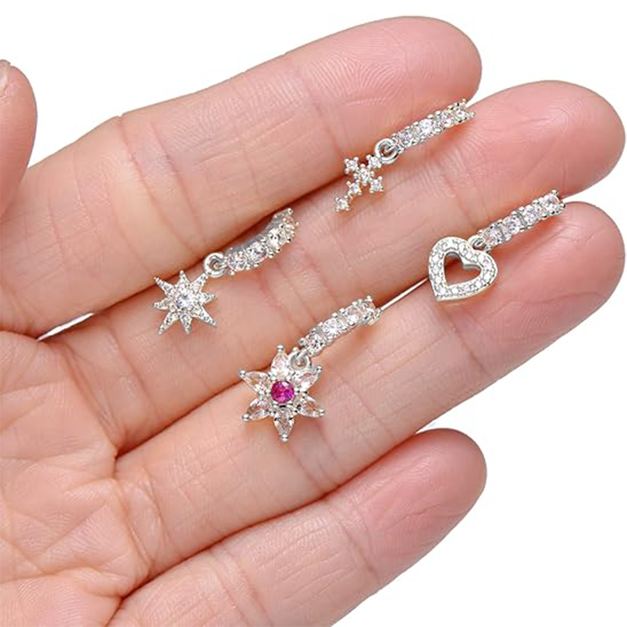 10Pcs Dangle Nose Rings Hoop Butterfly Heart Moon Flower Star CZ Cartilage Earring Dangling Nose Body Piercing Jewelry 20G Silver Tone