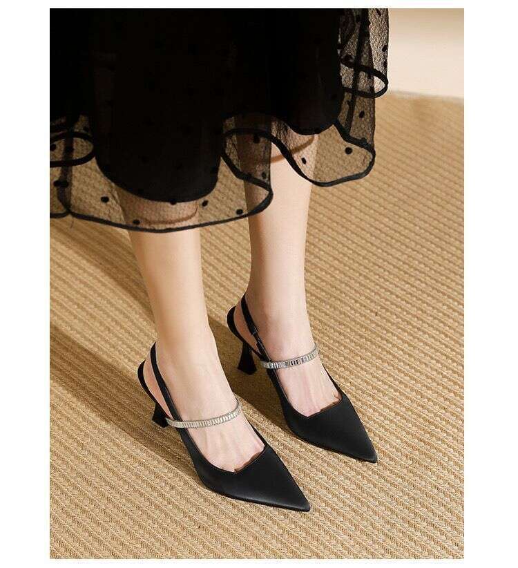 French Style High-Quality Pointed Toe High Designer Shoes Heels with Rhinestones, Niche Design, Suitable Dresses, Single Shoes, Sandals for Women, Bla