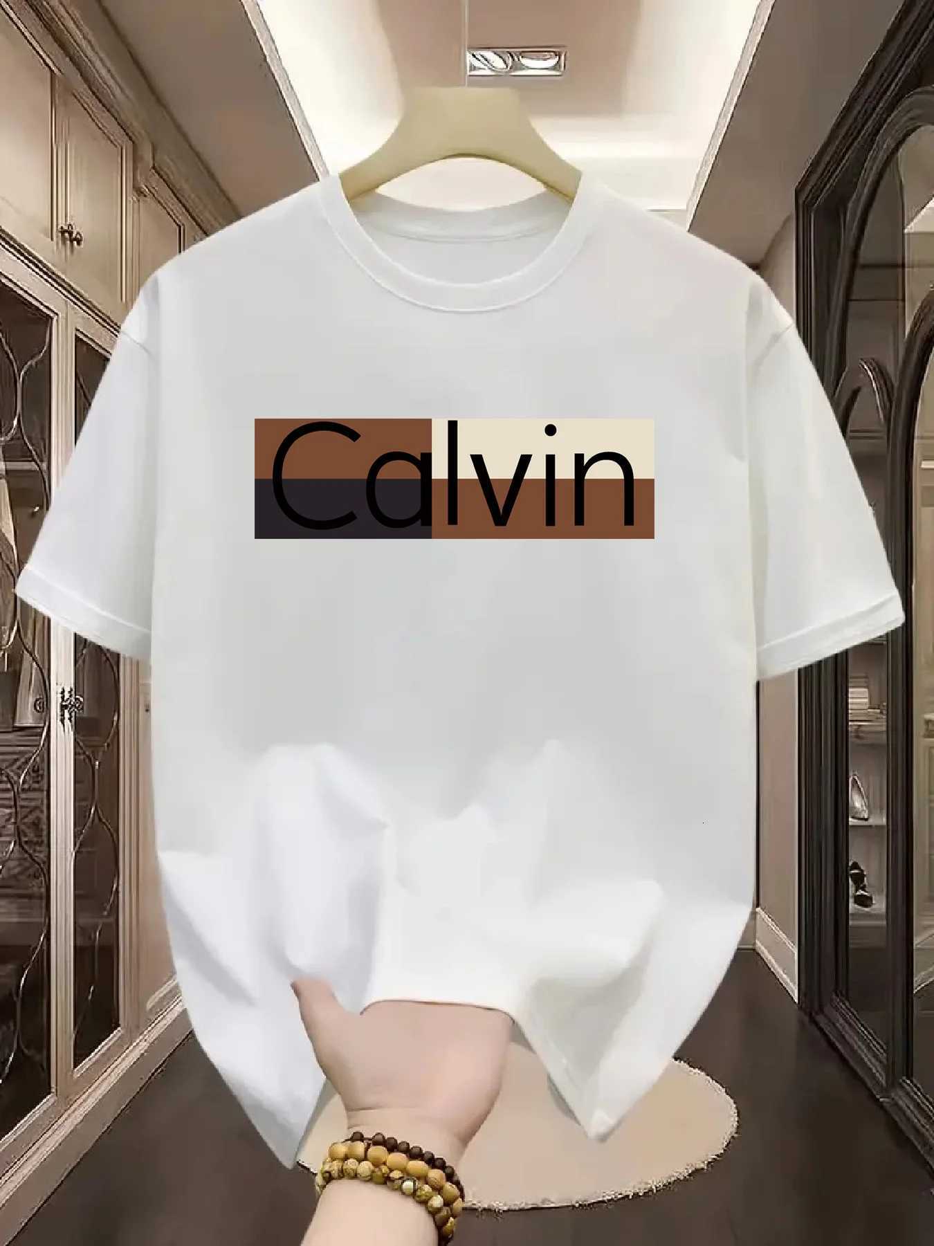 Mens summer 100% pure cotton fashionable casual sports loose Calvin pattern printed round neck short sleeved T-shirt top Y250819