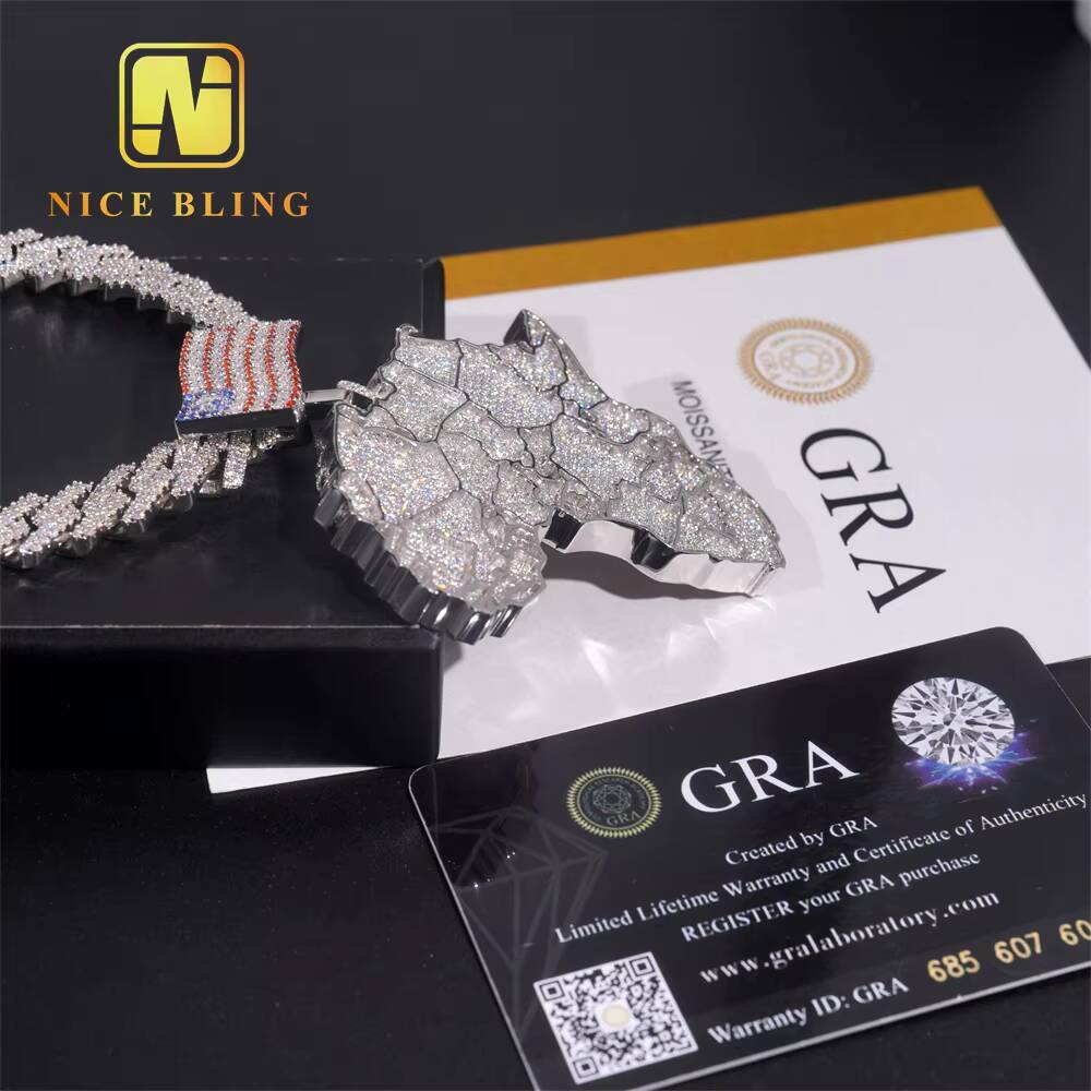 Hip Hop Style Large Africa Map Custom Iced Out Big Moissanite Diamond 925 Silver Pendant for Men Moissanite Pendant
