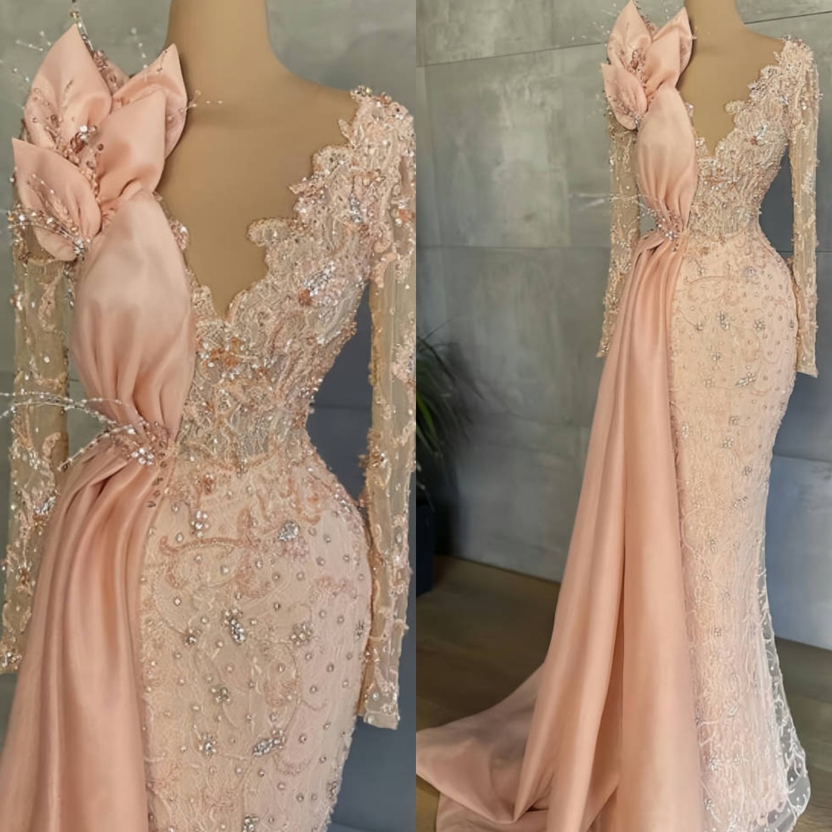 Elegant Long Sleeves Mermaid Evening Dresses Lace Appliques Tailing Party Dresses Crystal Beadeds Formal Occasion Gowns Custom Made
