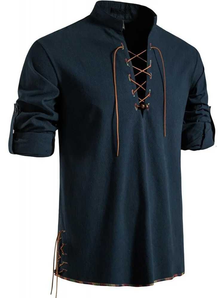 Mens Pure Cotton Retro Lace Up Shirts Renaissance Pirate Viking Medieval Style T-shirt for daily leisure and Halloween stage Y250819